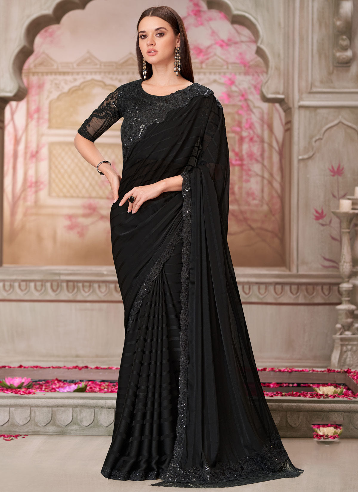 Georgette Traditional Saree In Black With Resham Work