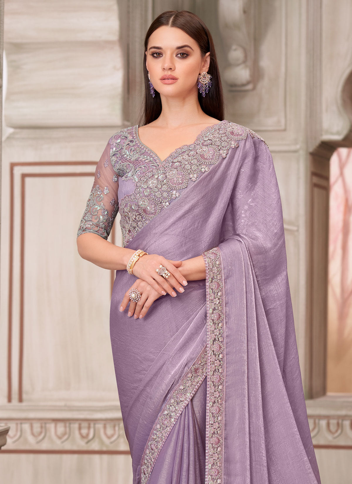 Chiffon Silk Traditional Saree In Violet With Embroidered Work