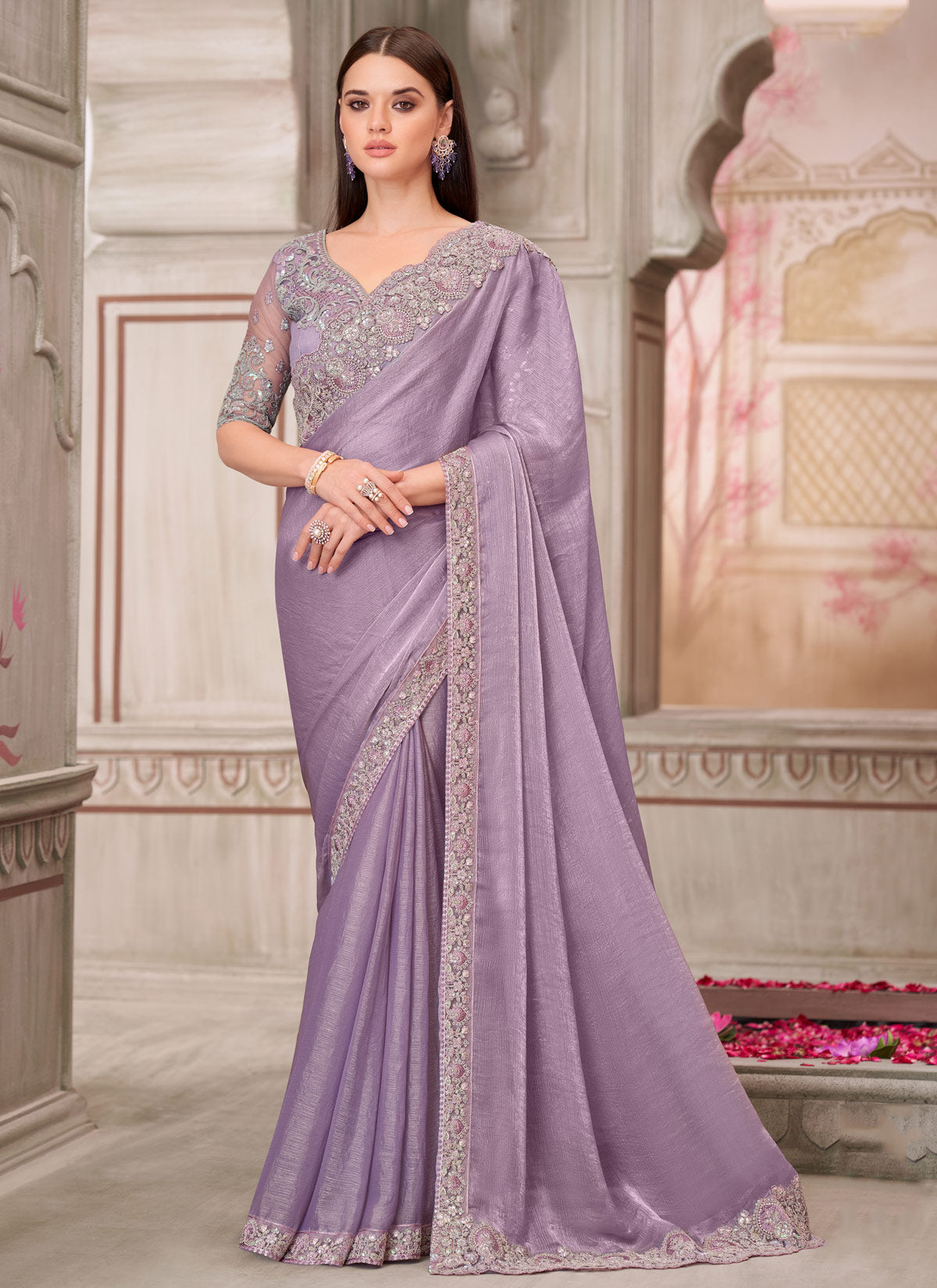 Chiffon Silk Traditional Saree In Violet With Embroidered Work