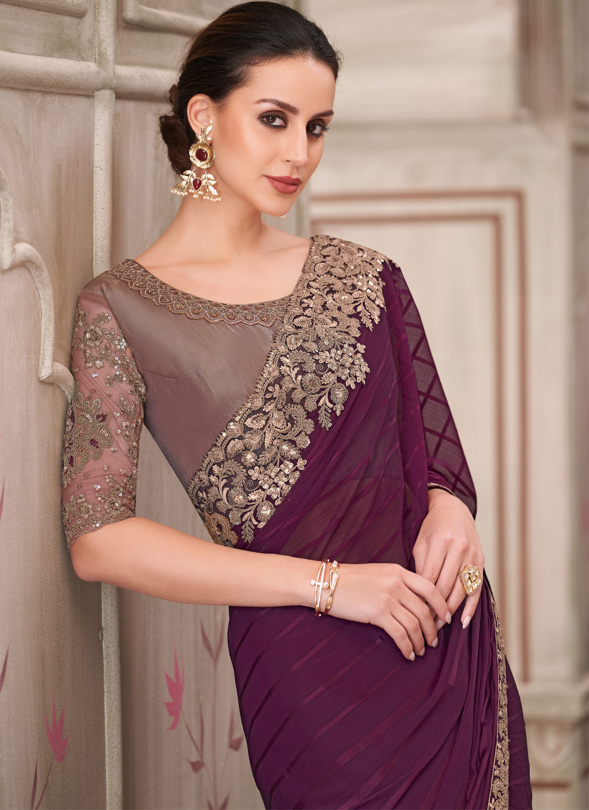 Wine Georgette Sequins Work Classic Saree For Women