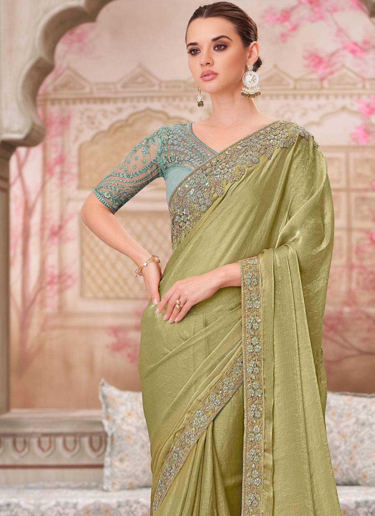 Olive Chiffon Silk Trendy Saree With Resham Work For Wedding