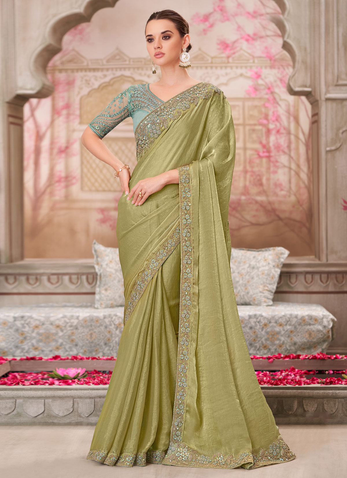 Olive Chiffon Silk Trendy Saree With Resham Work For Wedding