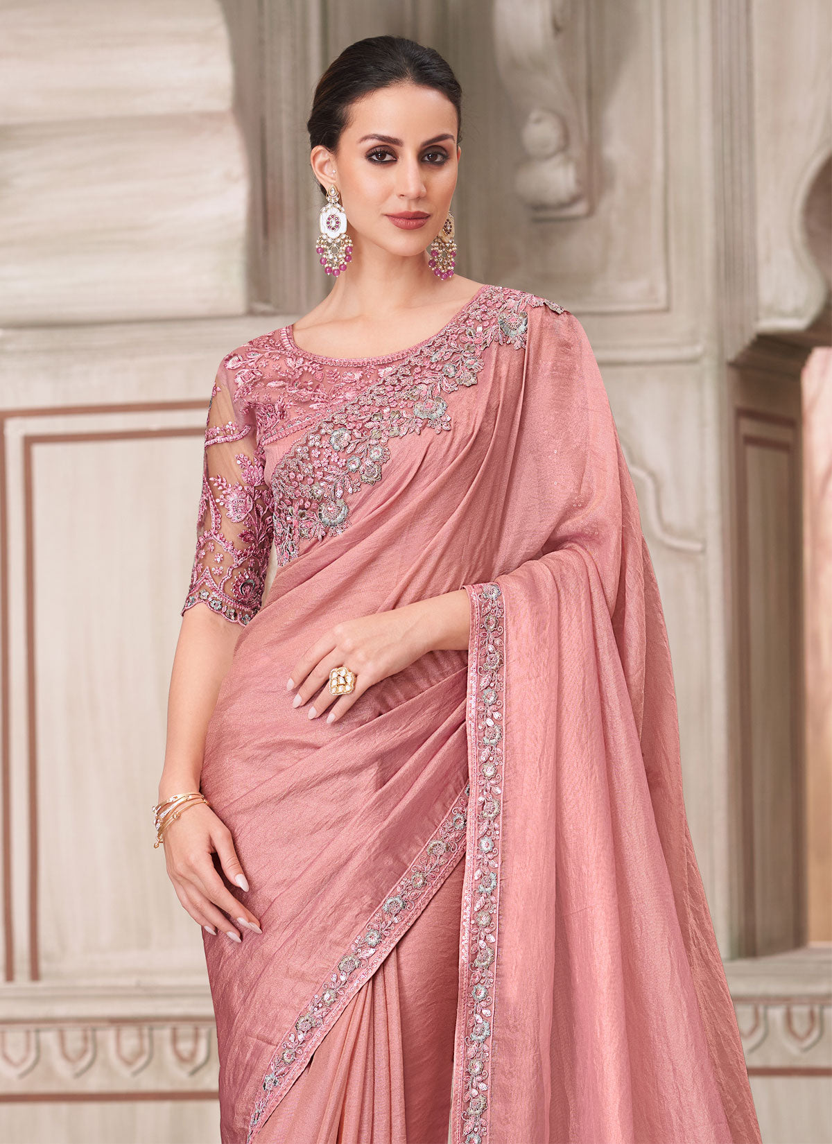 Georgette Embroidered Work Trendy Saree In Salmon