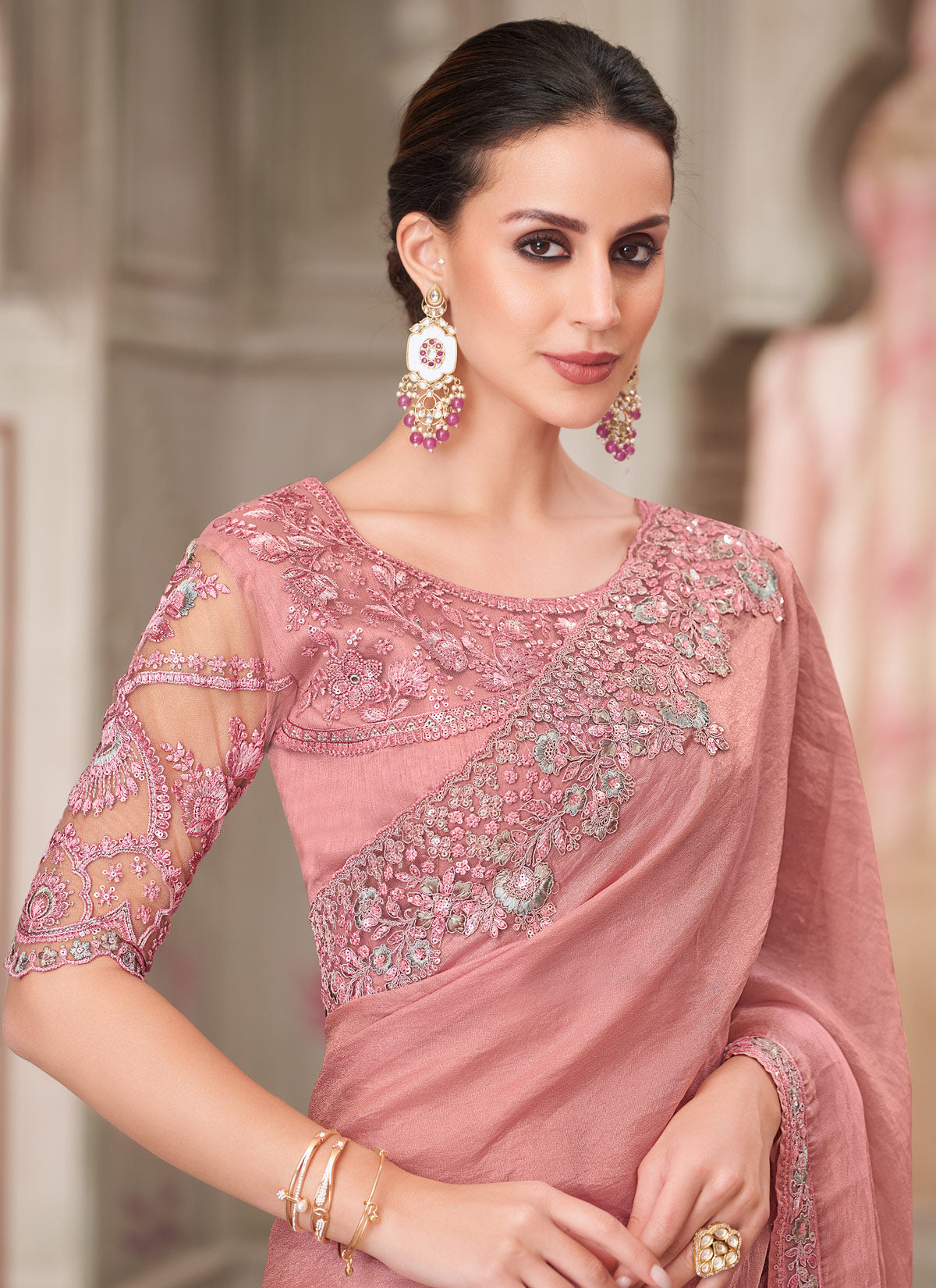 Georgette Embroidered Work Trendy Saree In Salmon