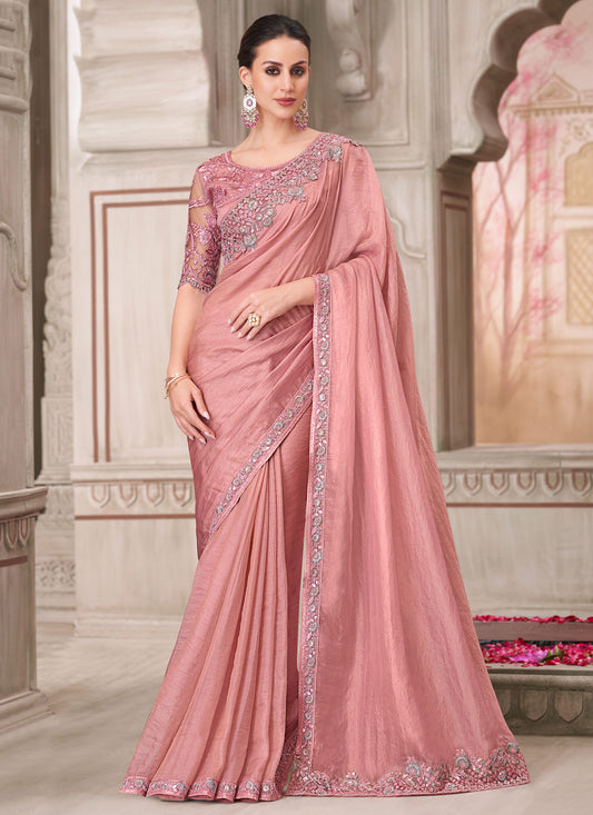 Georgette Embroidered Work Trendy Saree In Salmon