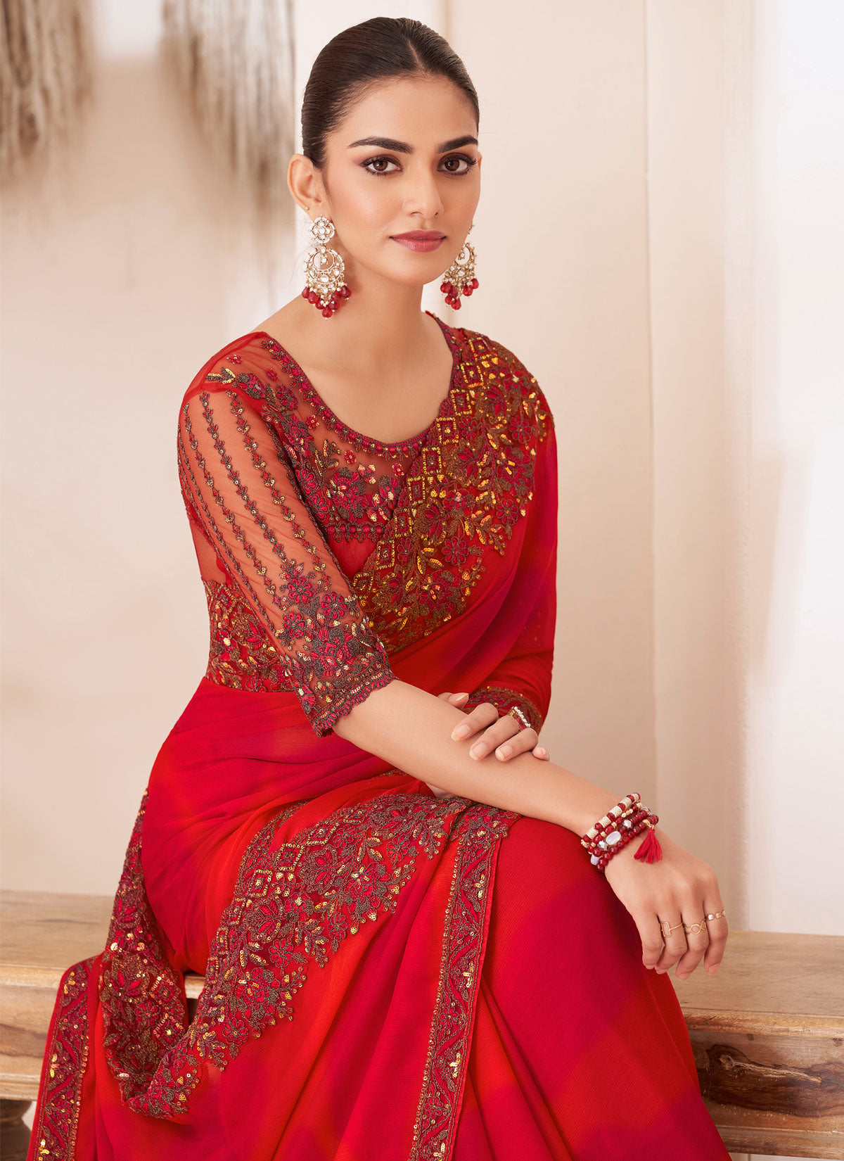 Red Chiffon Traditional Saree With Resham Work For Ceremonial