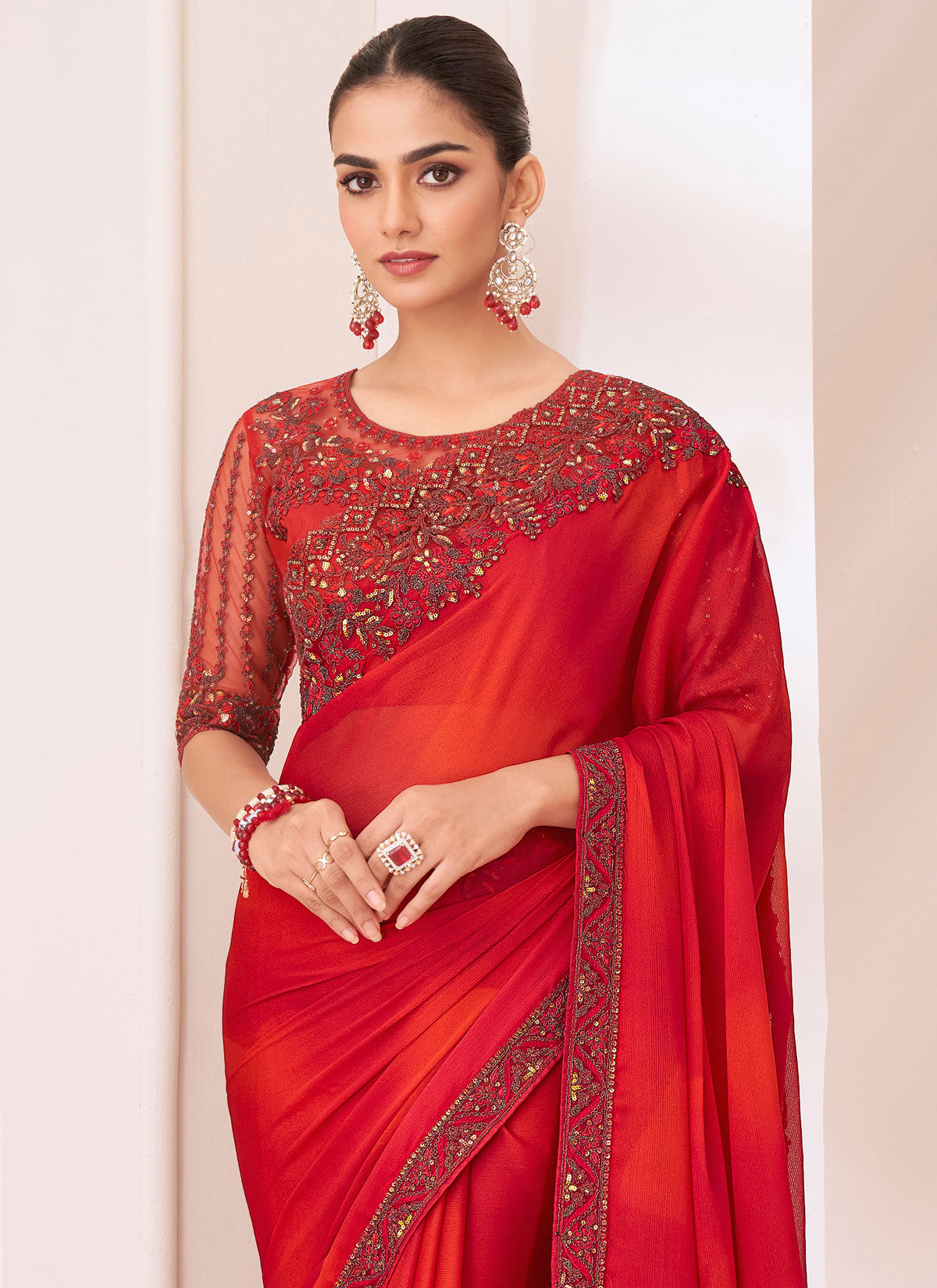 Red Chiffon Traditional Saree With Resham Work For Ceremonial