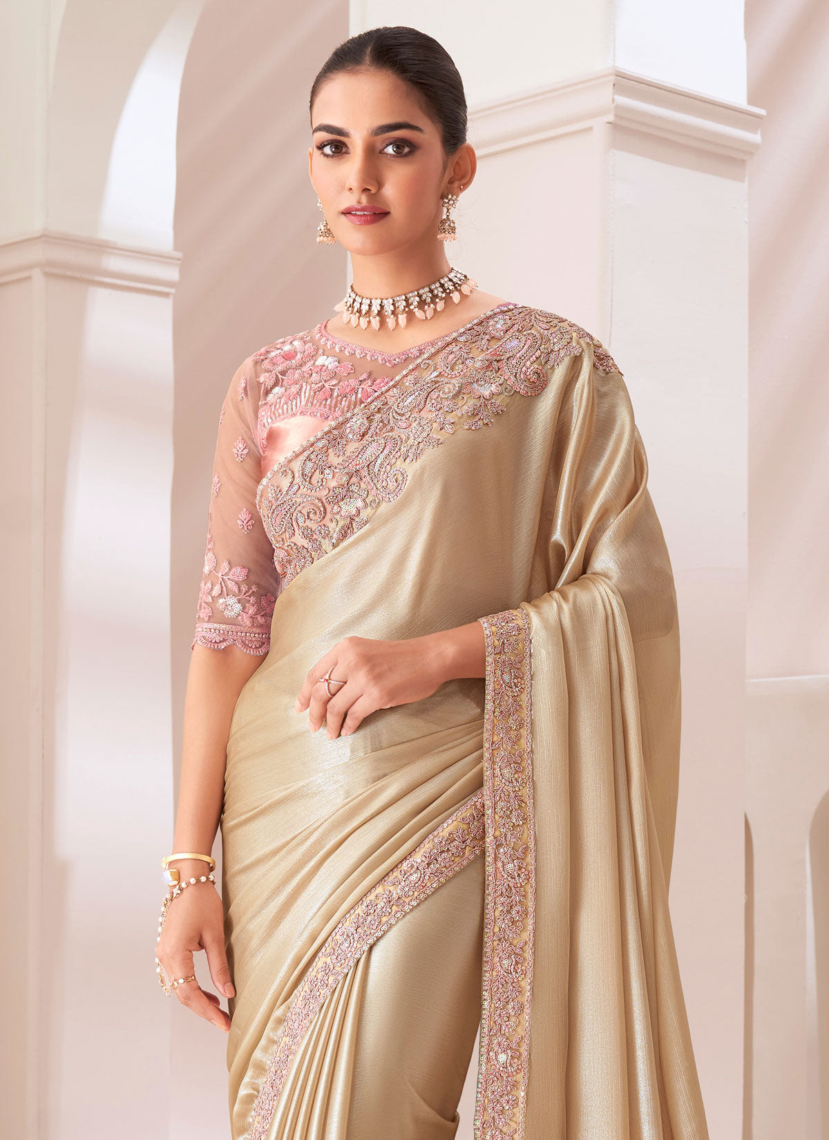 Beige Satin Silk Embroidered Work Classic Saree For Women