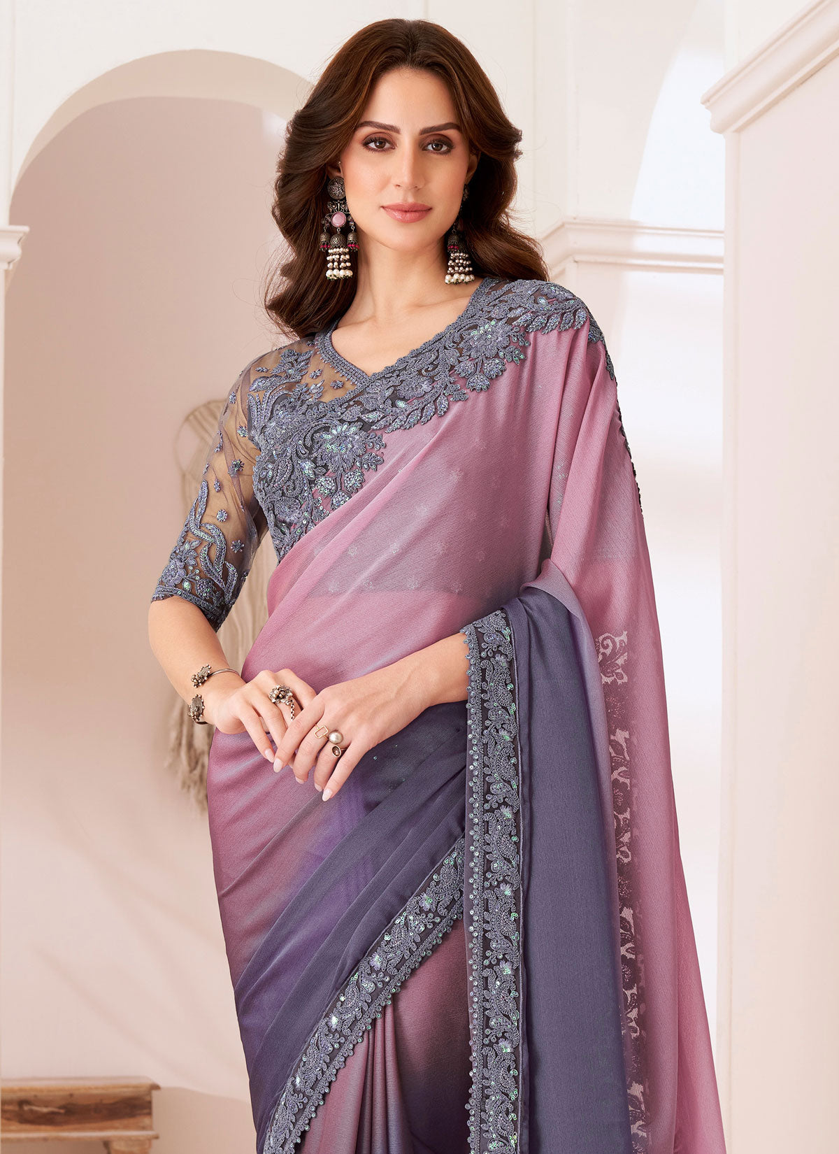 Chiffon Classic Saree With Resham Work For Ceremonial