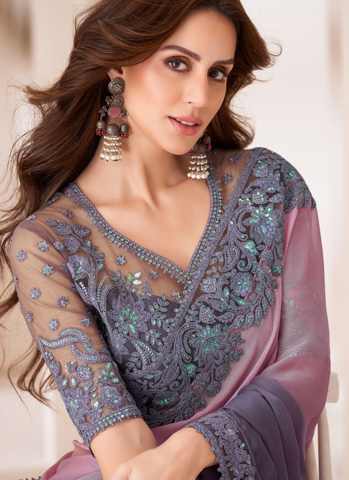 Chiffon Classic Saree With Resham Work For Ceremonial