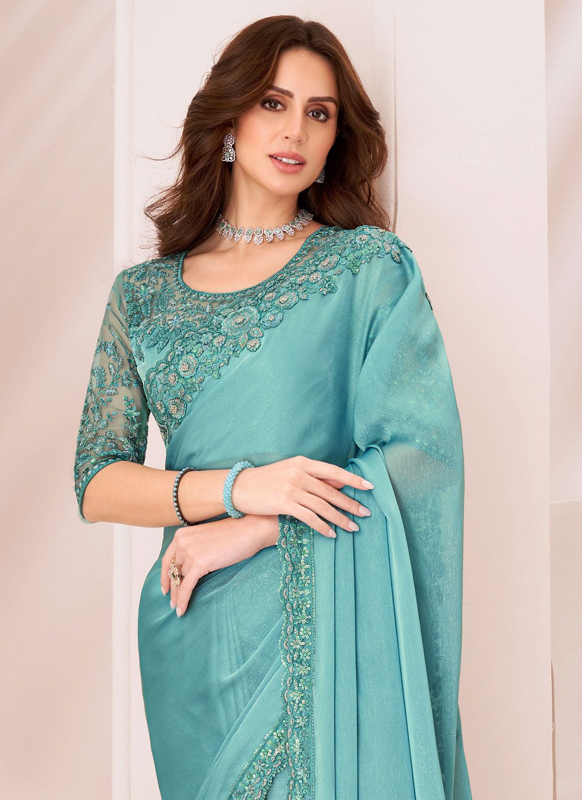 Aqua Blue Silk Georgette Resham Work Trendy Saree