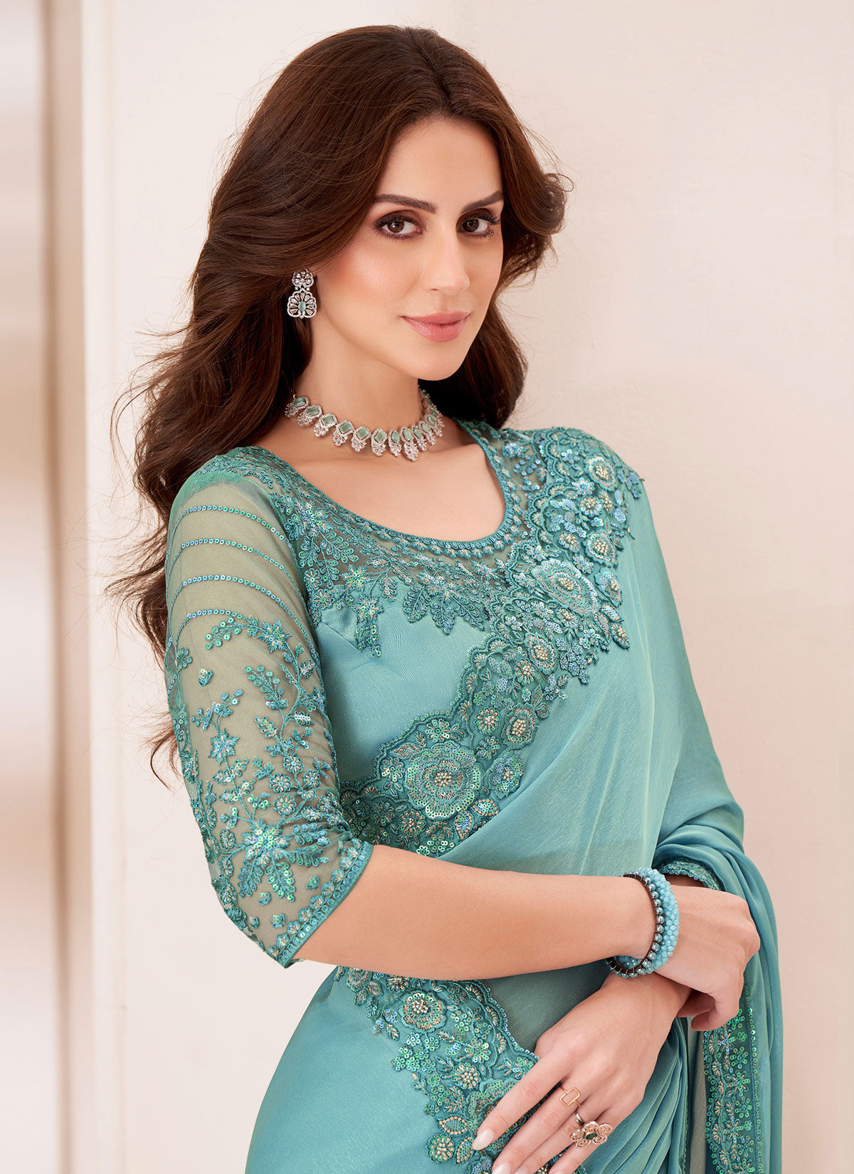 Aqua Blue Silk Georgette Resham Work Trendy Saree