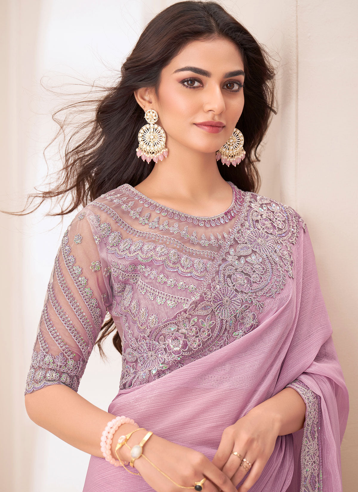 Resham Work Chiffon Traditional Saree In Pink For Women