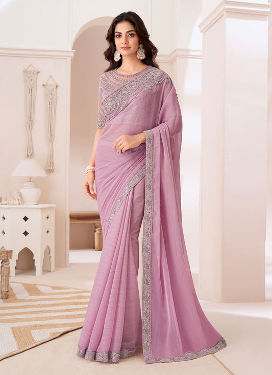 Resham Work Chiffon Traditional Saree In Pink For Women