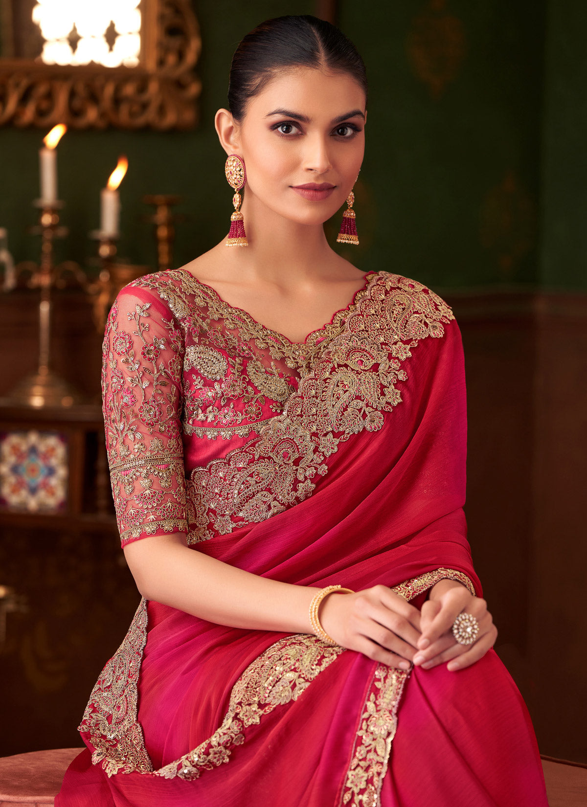 Rose Pink And Red Chiffon Resham Work Classic Saree