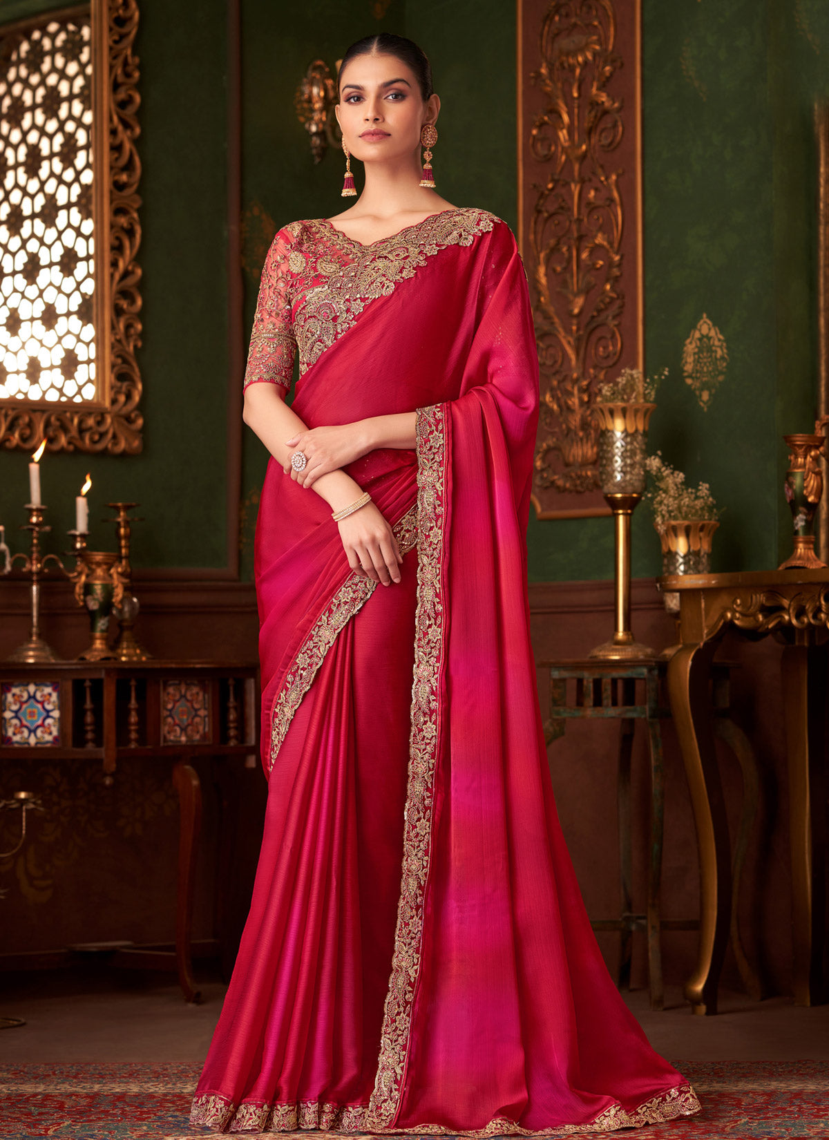 Rose Pink And Red Chiffon Resham Work Classic Saree