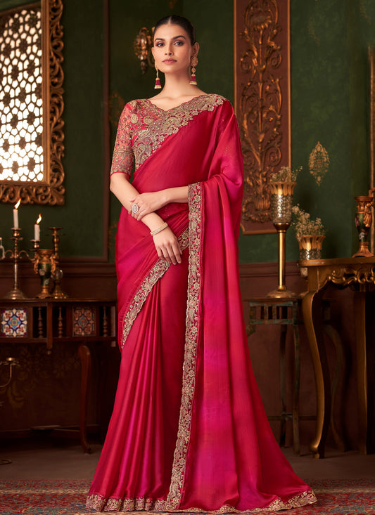 Rose Pink And Red Chiffon Resham Work Classic Saree