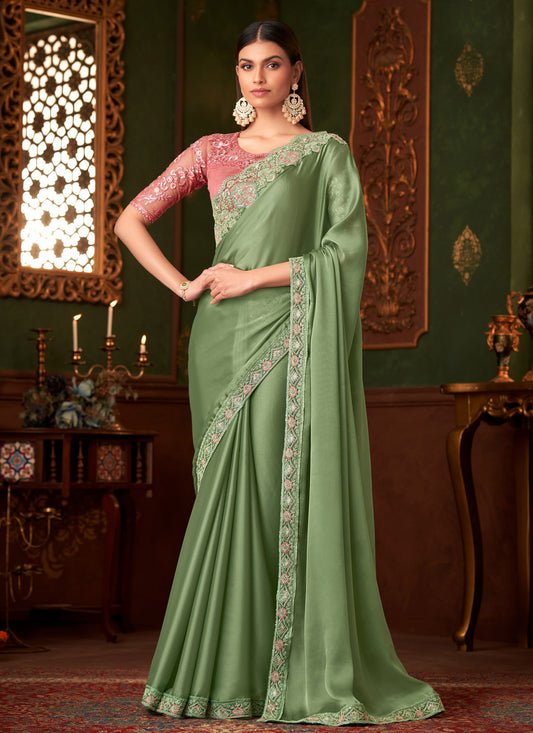 Sequins Work Satin Silk Classic Saree In Mint Green For Women