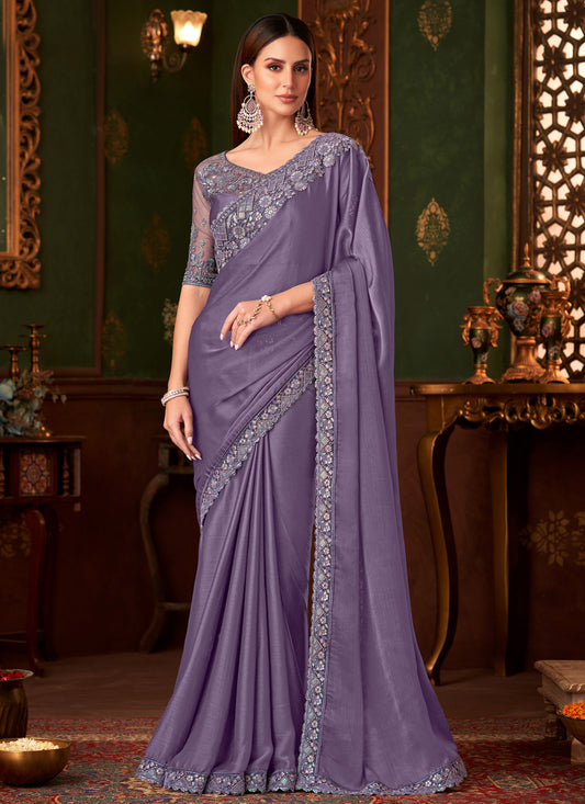 Violet Chiffon Silk Trendy Saree With Embroidered Work For Party