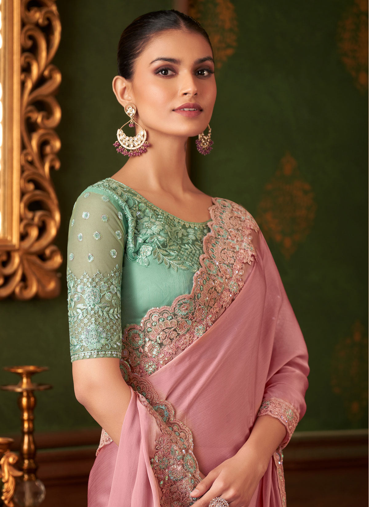 Chiffon Silk Classic Saree With Resham Work For Party In Pink