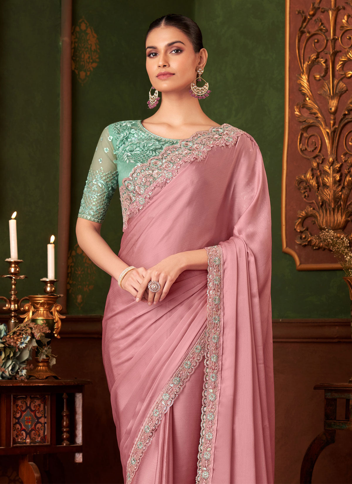 Chiffon Silk Classic Saree With Resham Work For Party In Pink