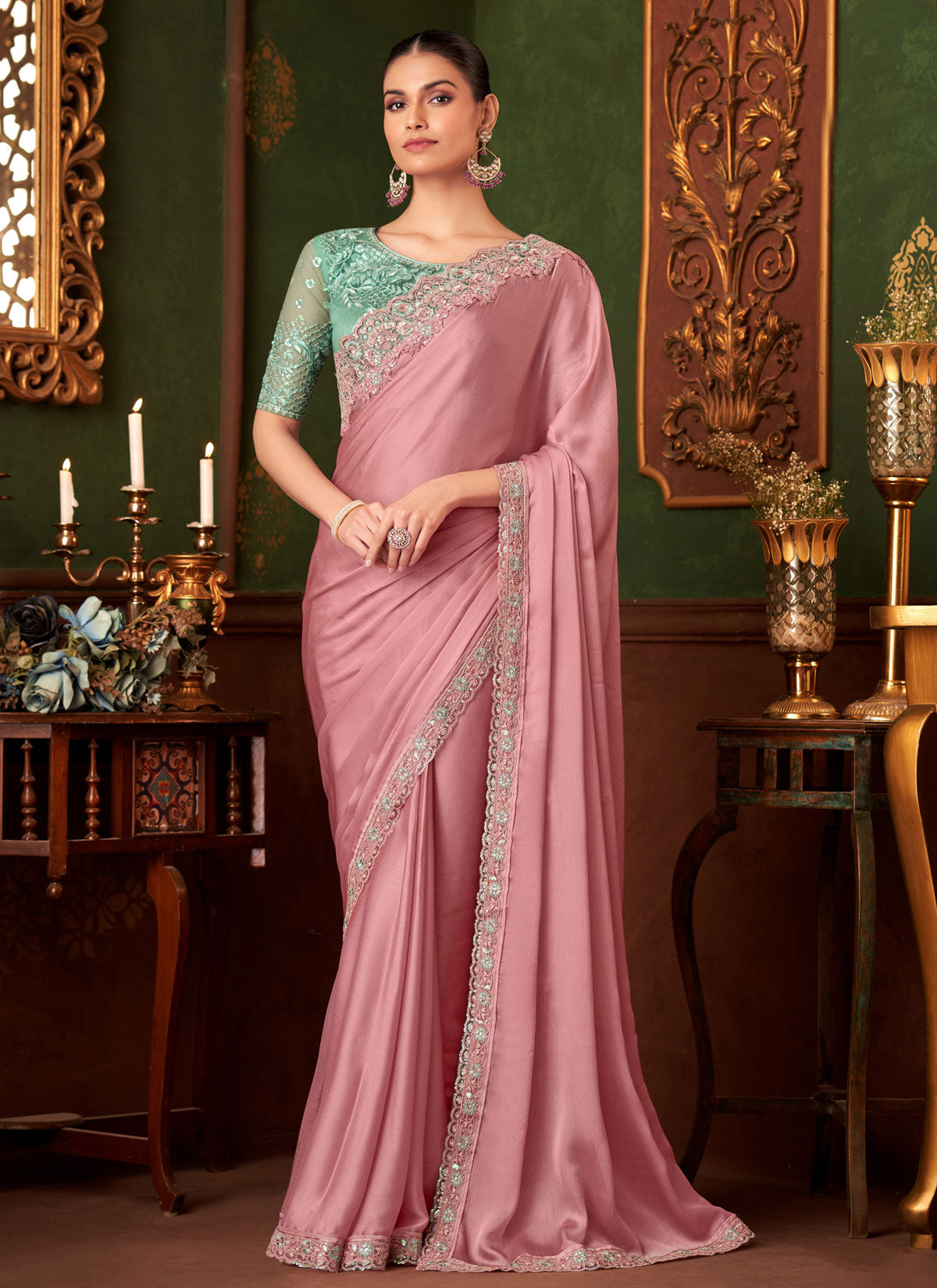 Chiffon Silk Classic Saree With Resham Work For Party In Pink