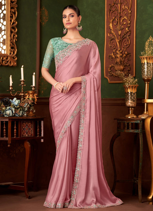 Chiffon Silk Classic Saree With Resham Work For Party In Pink