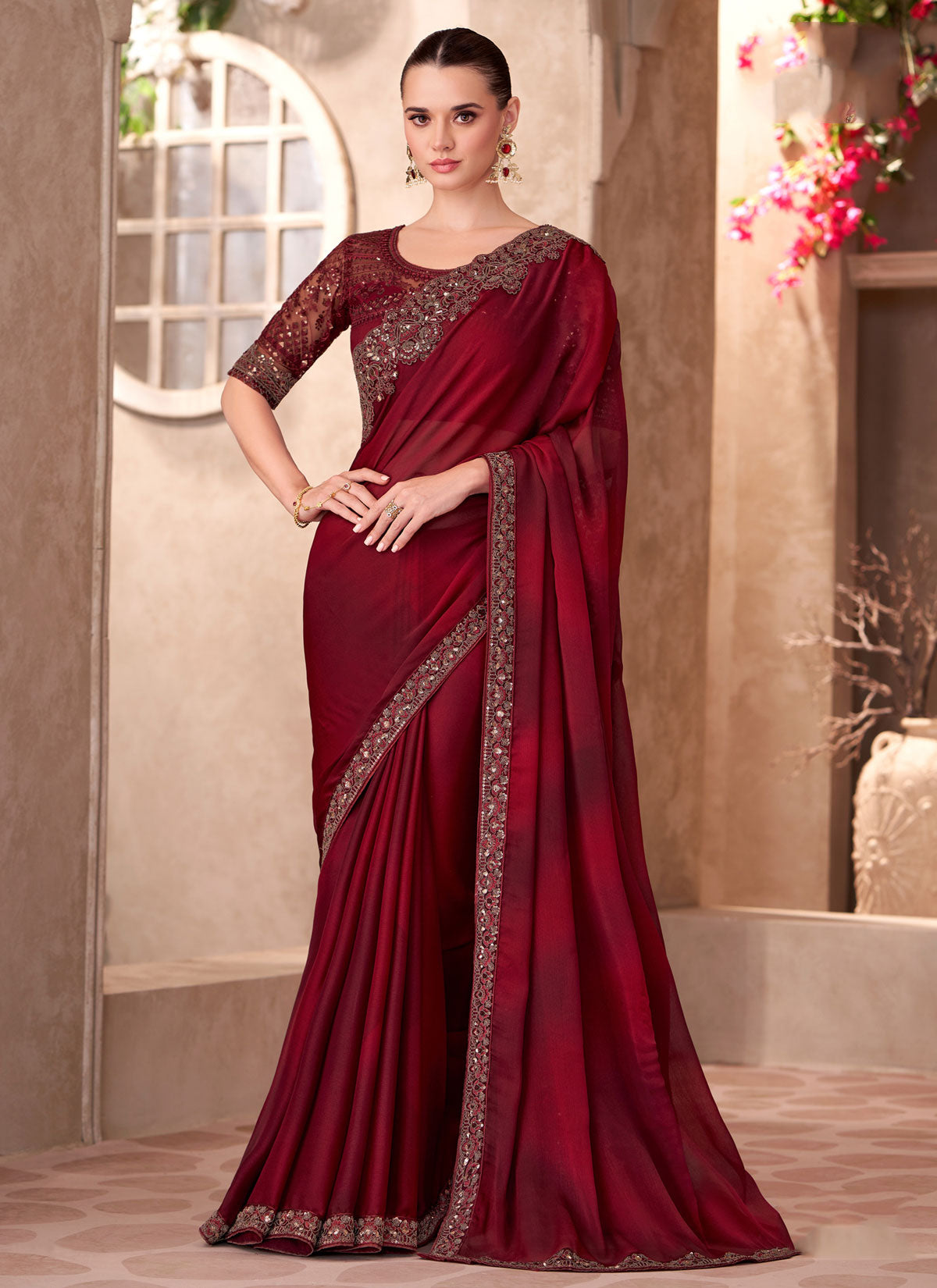 Chiffon Embroidered Work Traditional Saree In Maroon