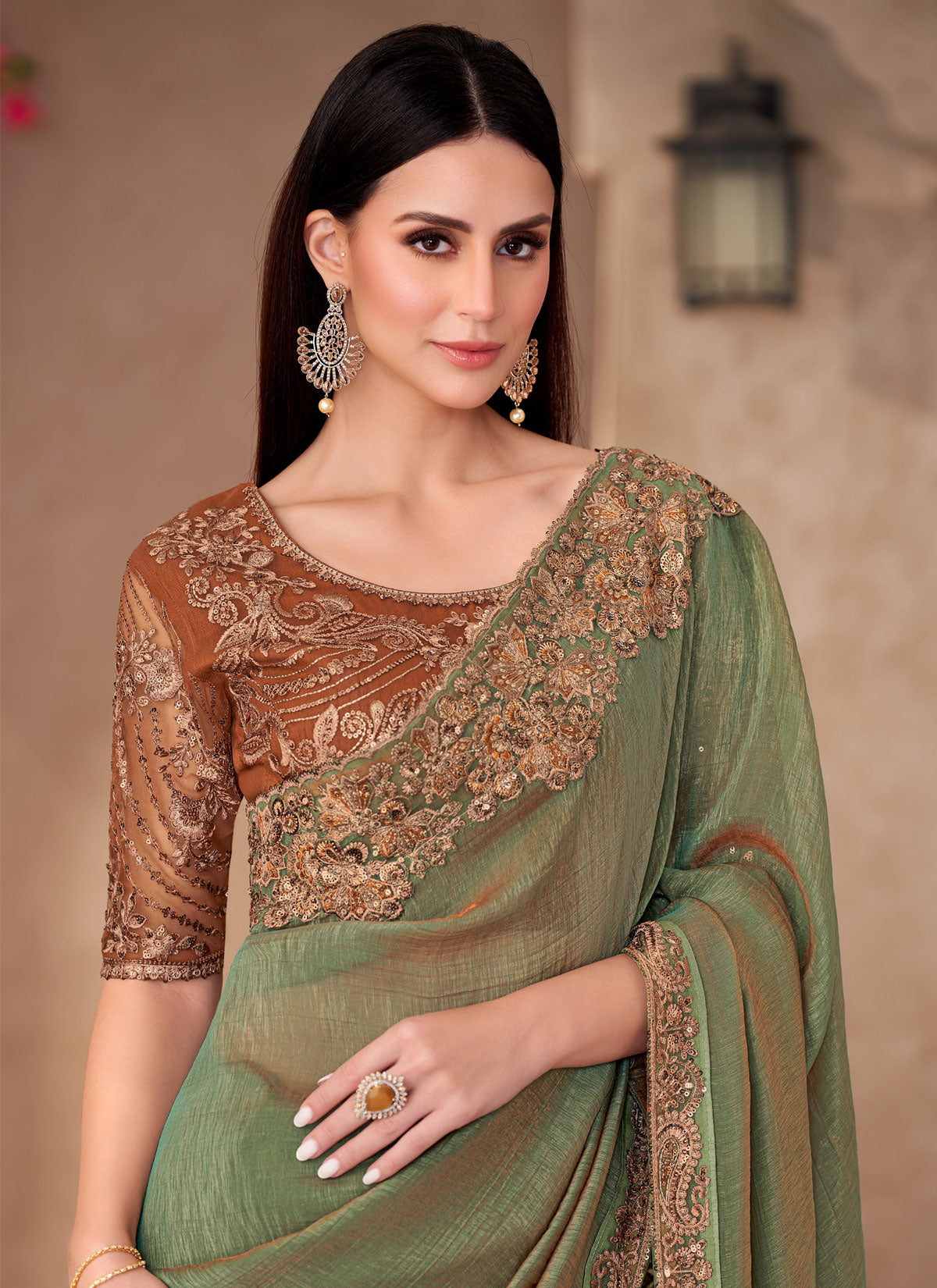 Silk Georgette Traditional Saree With Resham Work In Olive