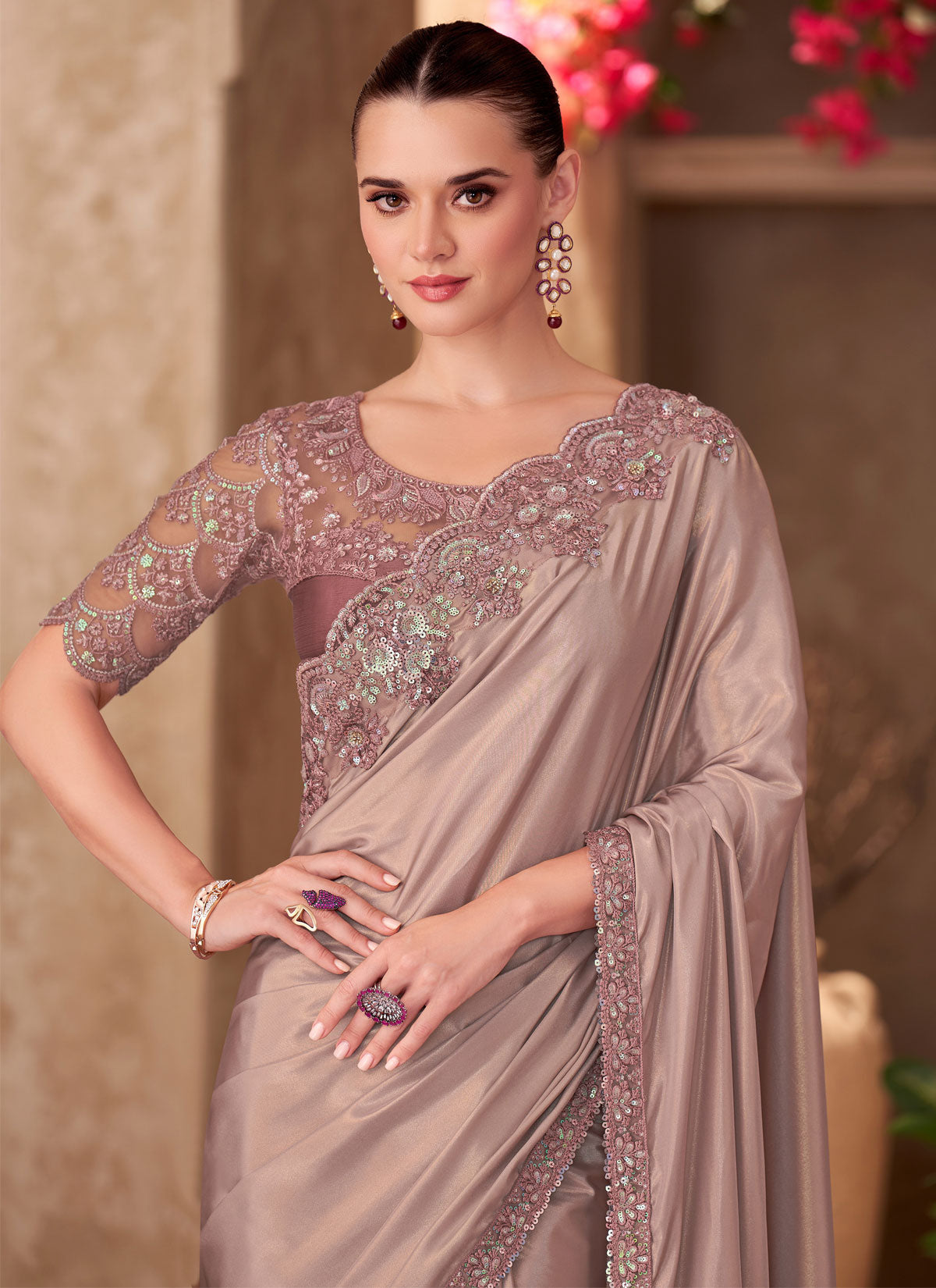 Resham Work Shimmer Silk Traditional Saree In Beige For Women