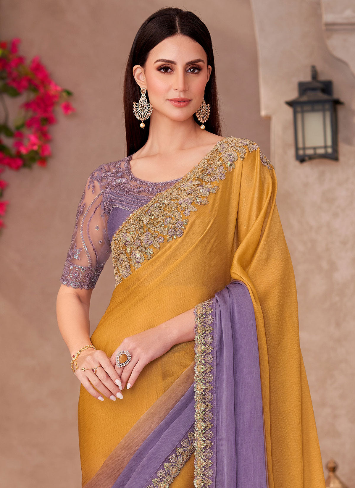 Chiffon Traditional Saree In Mustard And Violet With Sequins Work