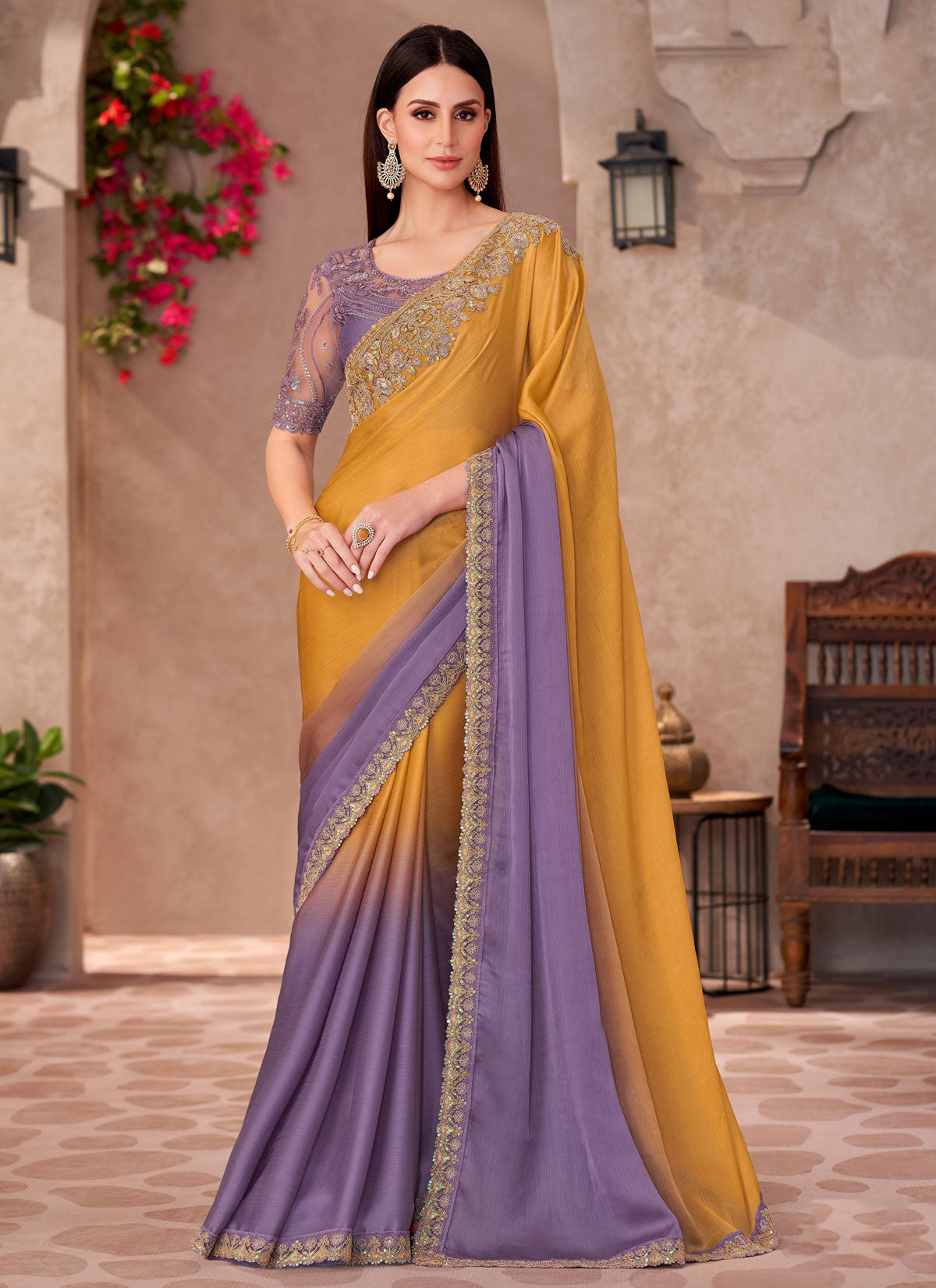 Chiffon Traditional Saree In Mustard And Violet With Sequins Work