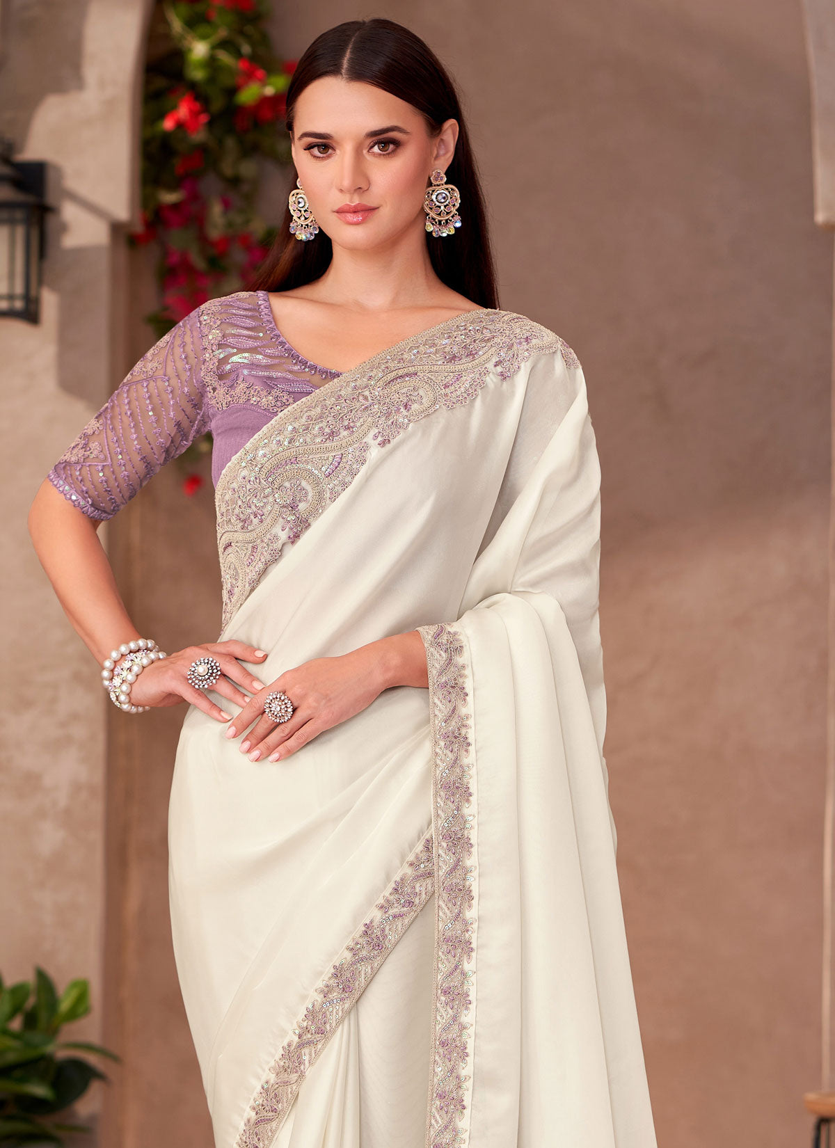 Sequins Work Georgette Classic Saree In White For Women