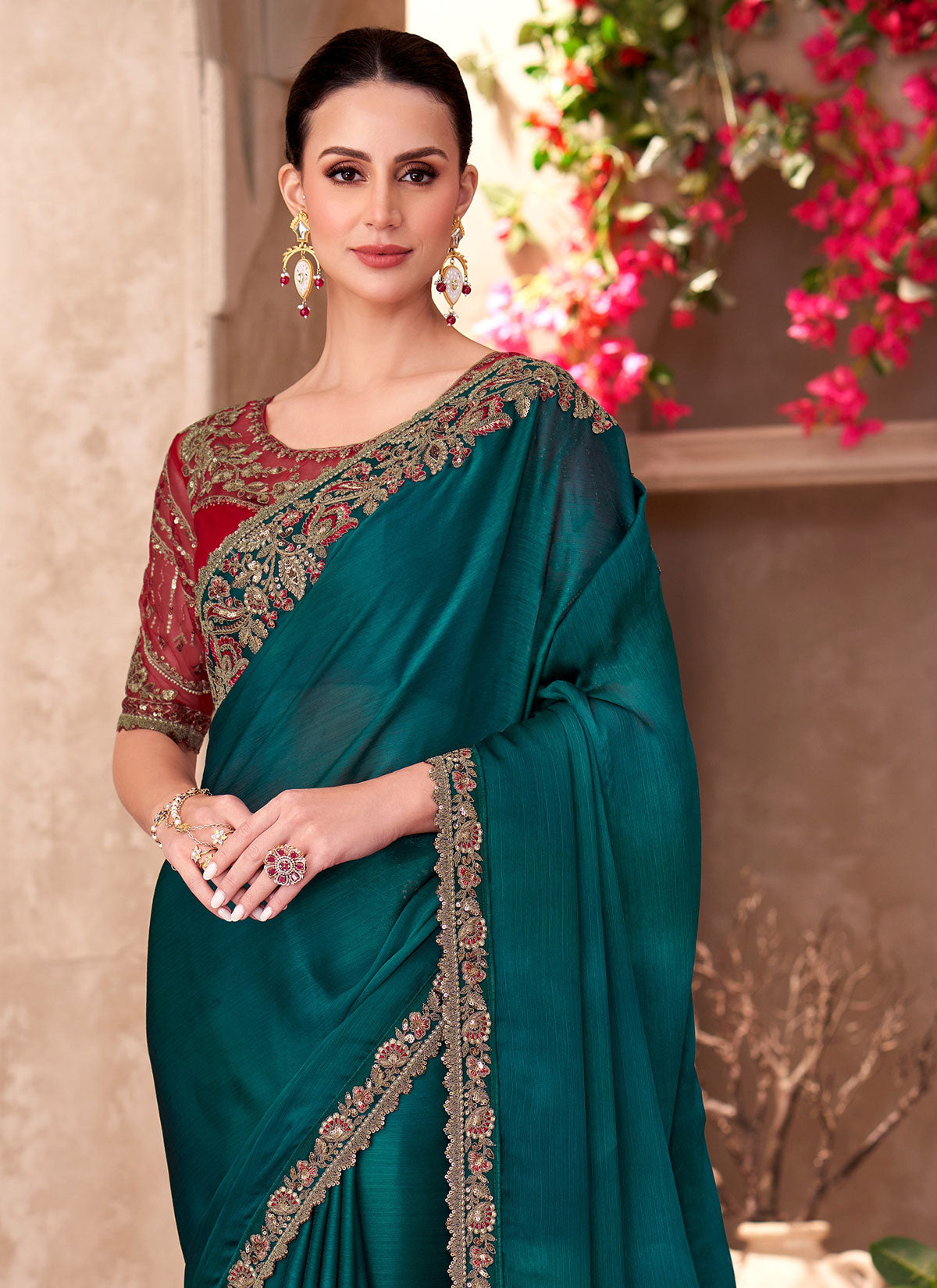 Embroidered Work Chiffon Classic Saree In Teal For Party