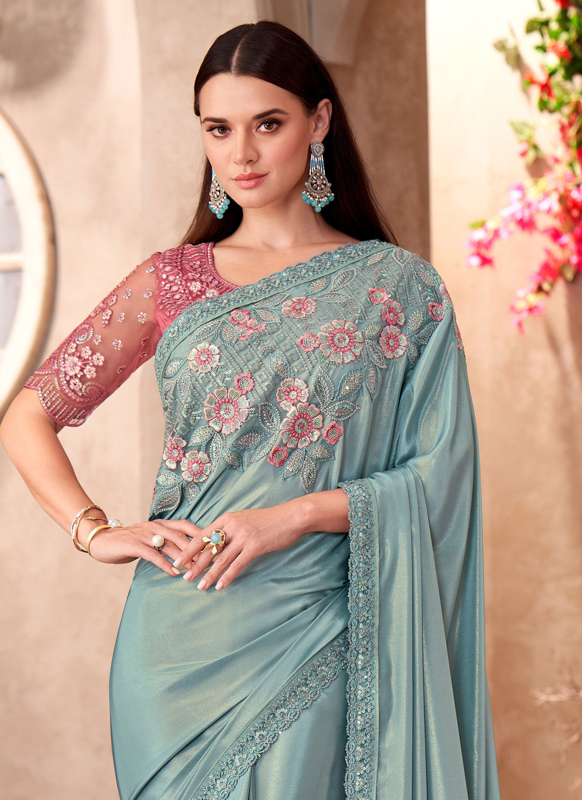 Embroidered Work Shimmer SIlk Trendy Saree In Aqua Blue For Women