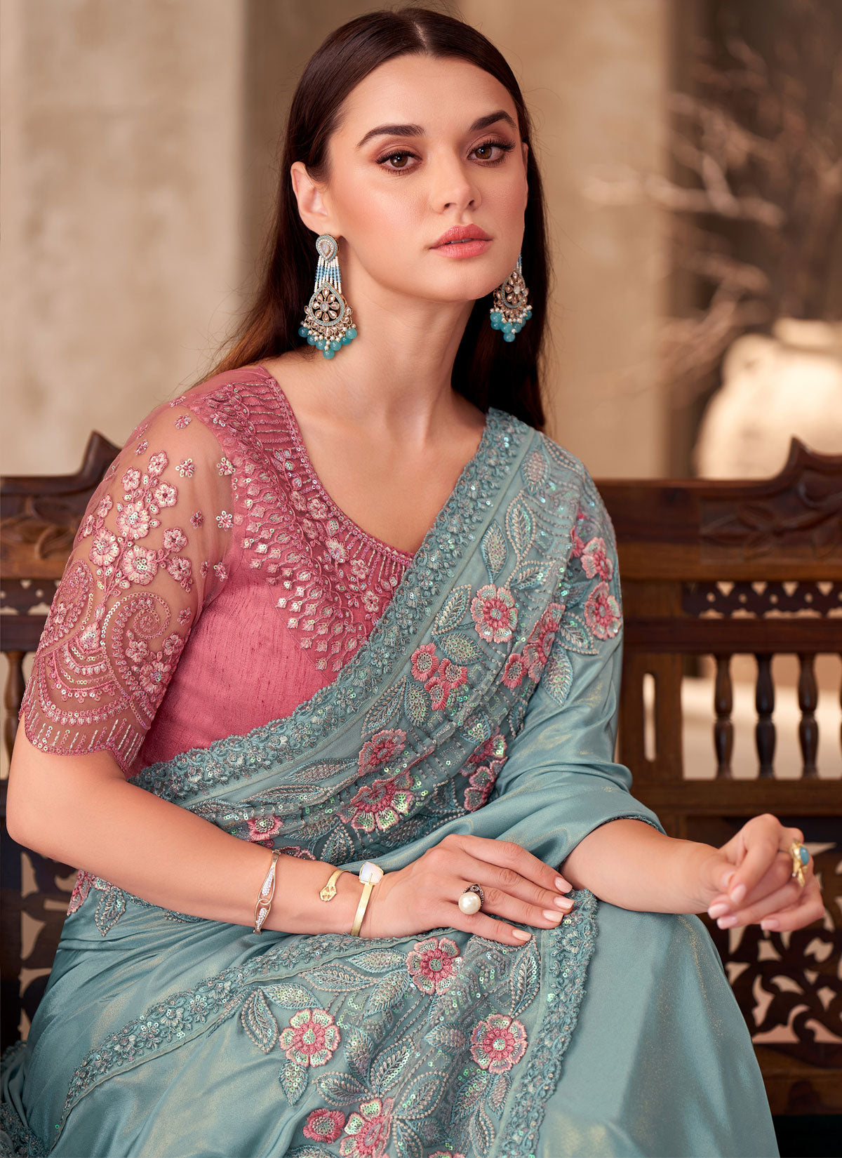 Embroidered Work Shimmer SIlk Trendy Saree In Aqua Blue For Women