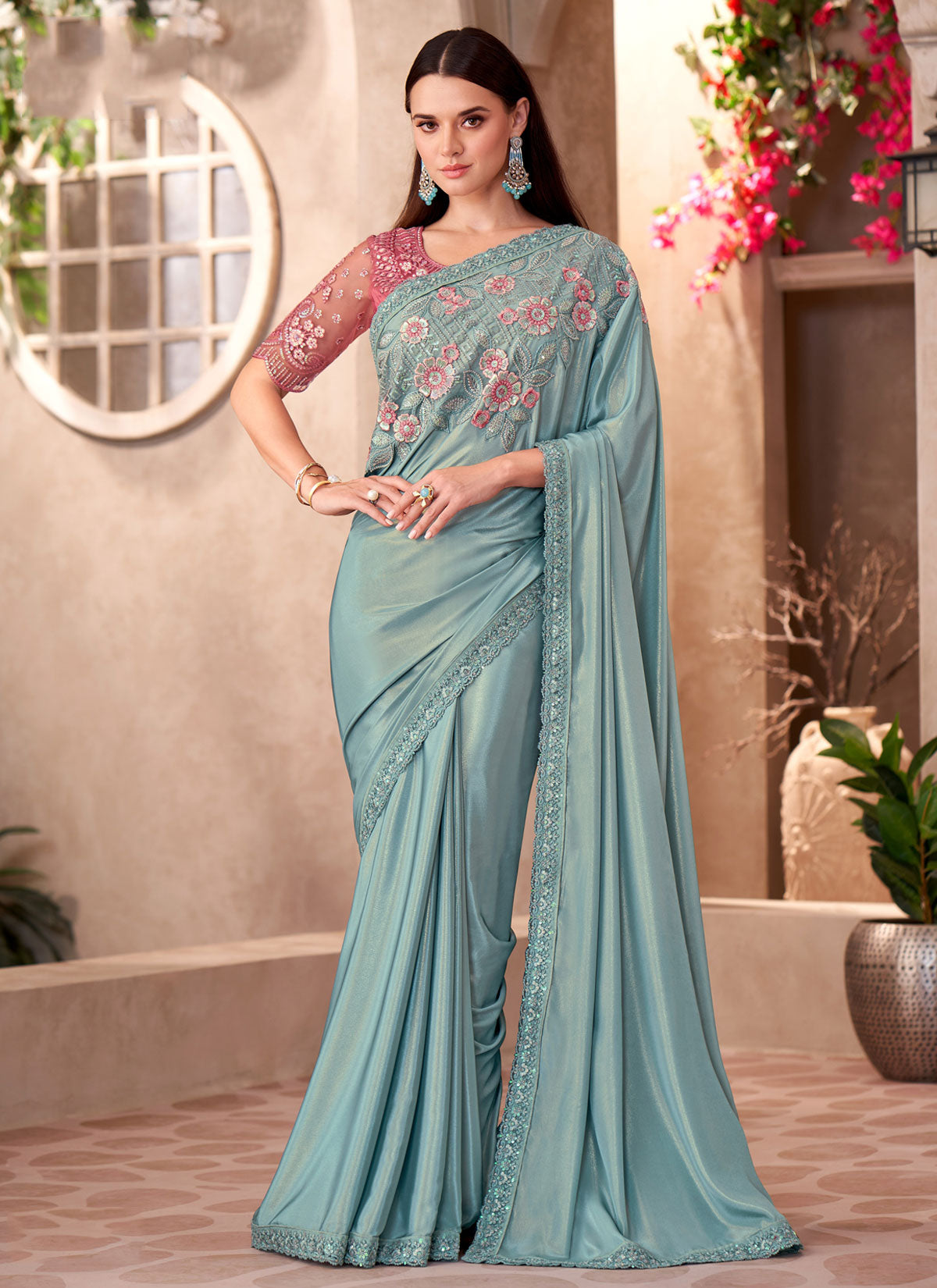Embroidered Work Shimmer SIlk Trendy Saree In Aqua Blue For Women