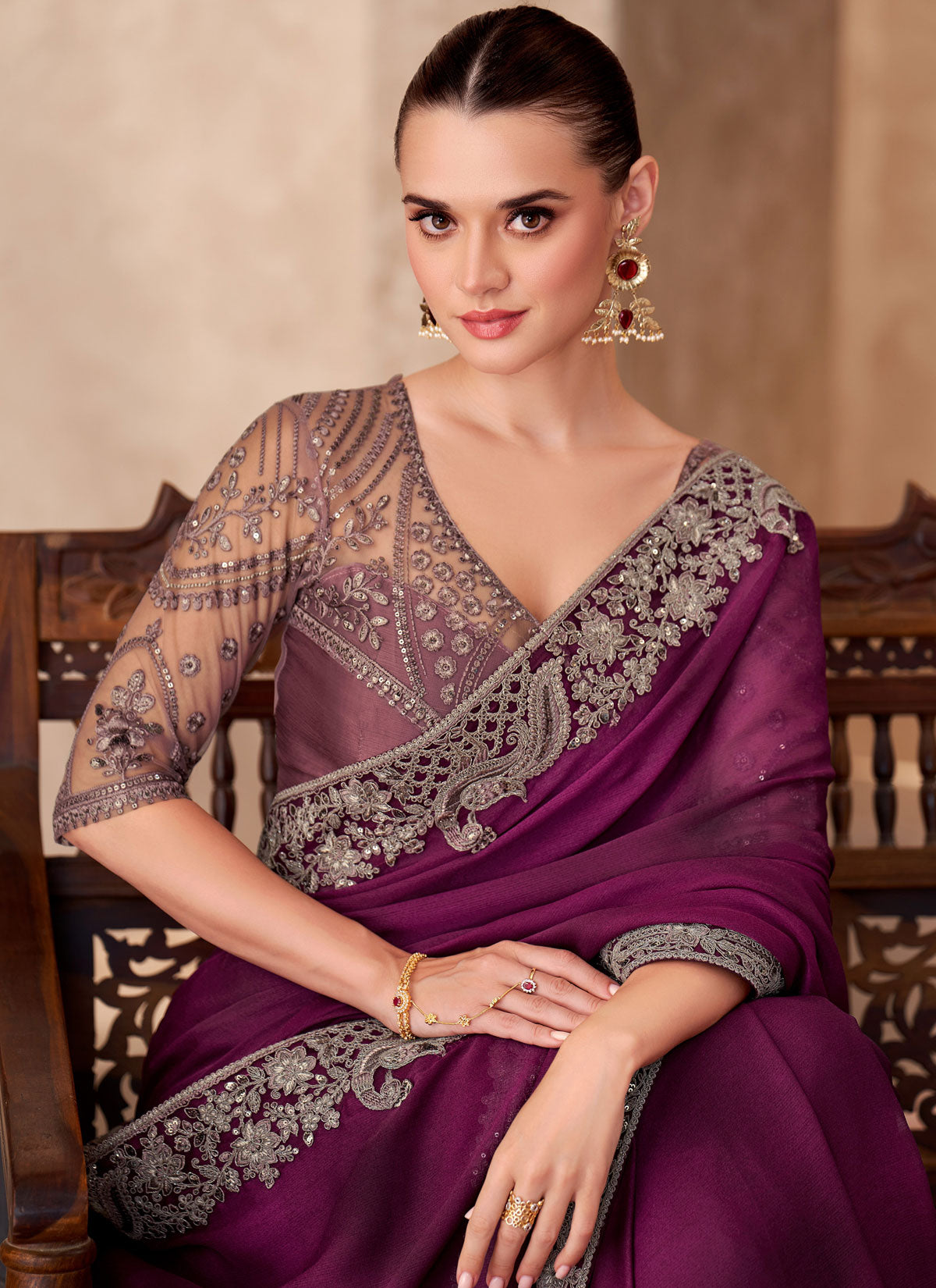 Chiffon Silk Trendy Saree With Embroidered Work In Purple