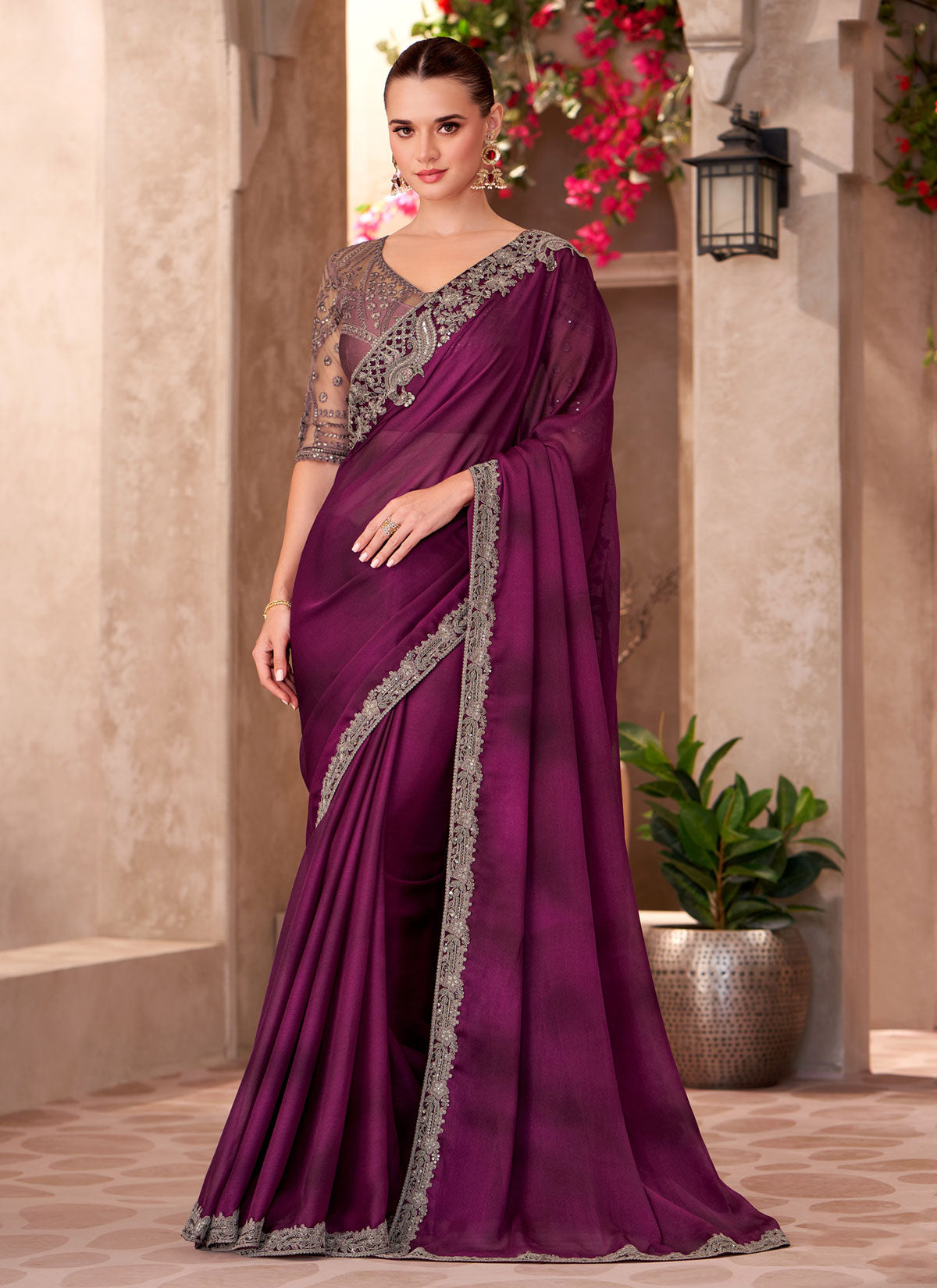 Chiffon Silk Trendy Saree With Embroidered Work In Purple