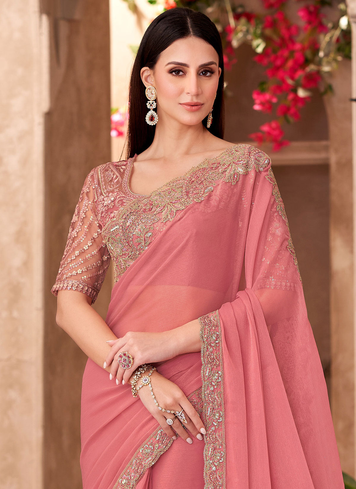 Embroidered Work Trendy Saree For Festival In Salmon