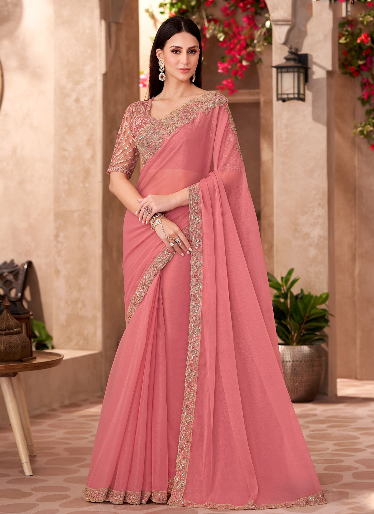 Embroidered Work Trendy Saree For Festival In Salmon