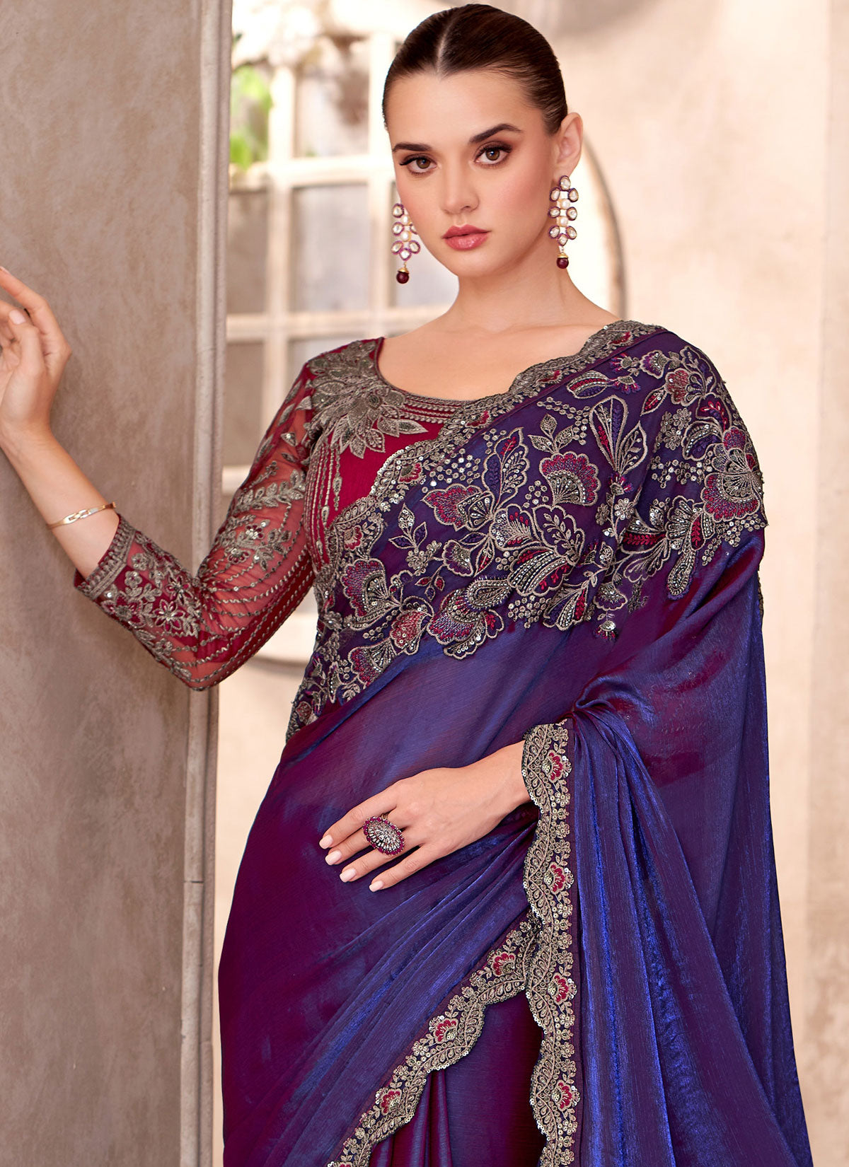 Silk Georgette Traditional Saree With Embroidered Work In Purple