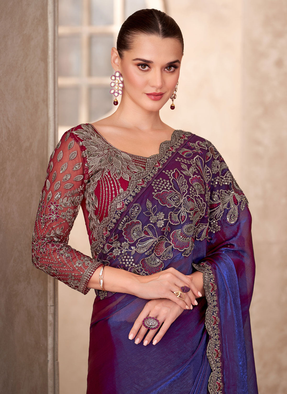 Silk Georgette Traditional Saree With Embroidered Work In Purple