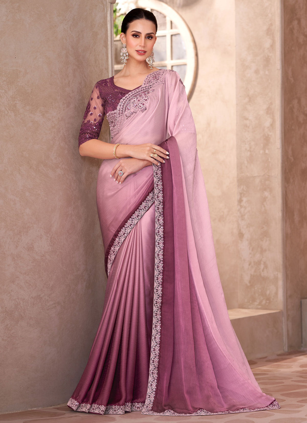 Pink And Wine Chiffon Resham Work Traditional Saree For Women