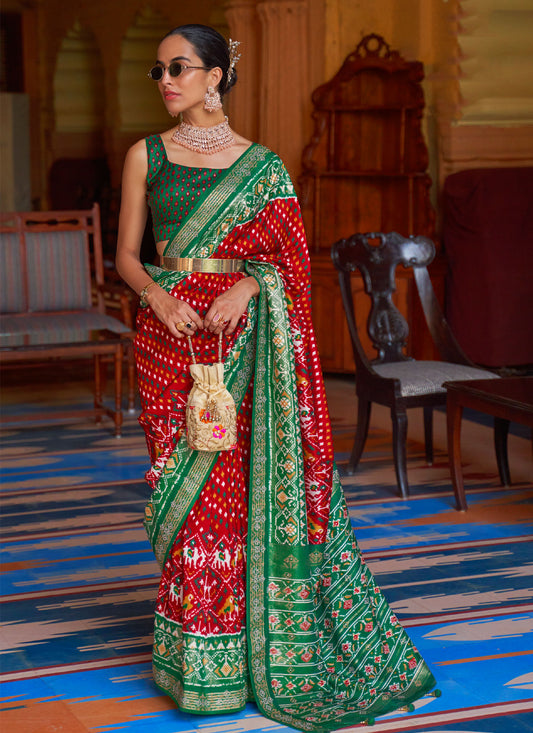 Patola Print Work Silk Blend Traditional Saree In Red And Green