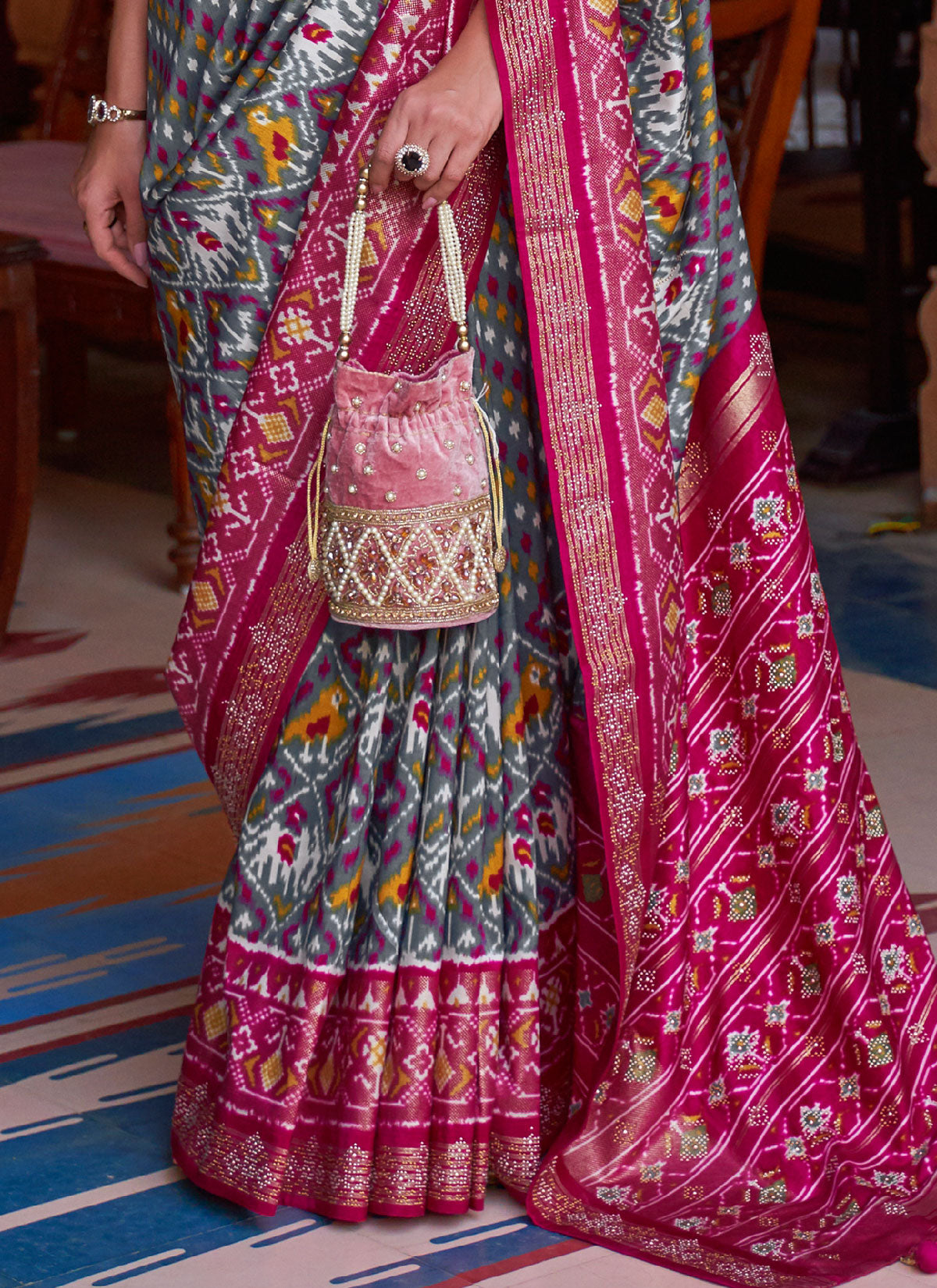 Silk Blend Traditional Saree With Patola Print Work For Wedding