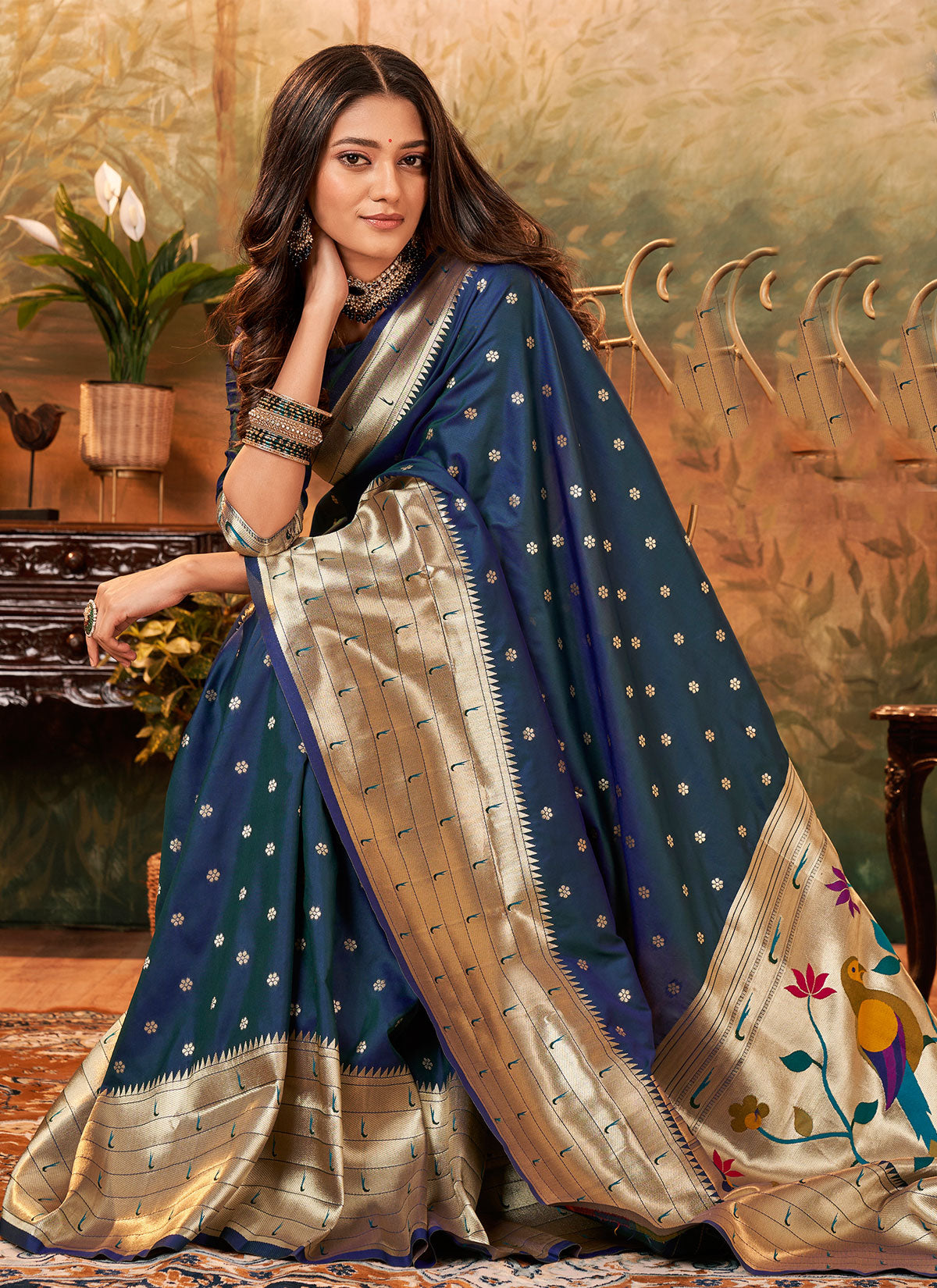 Paithani Silk Classic Saree With Woven Work In Navy Blue