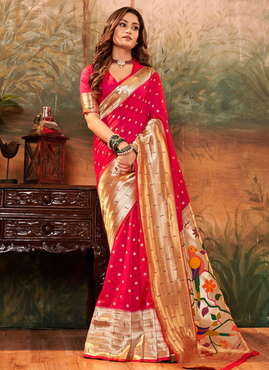 Paithani Silk Traditional Saree In Rose Pink With Woven Work