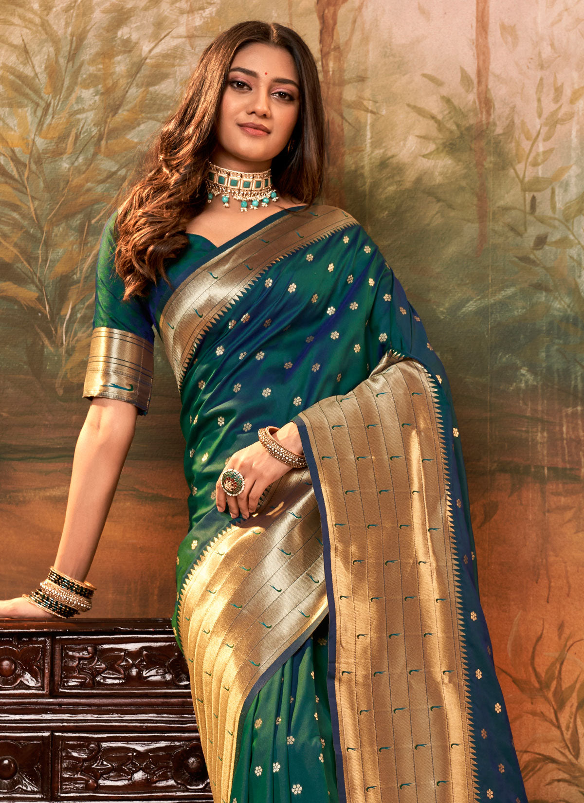 Paithani Silk Classic Saree With Woven Work In Bottle Green