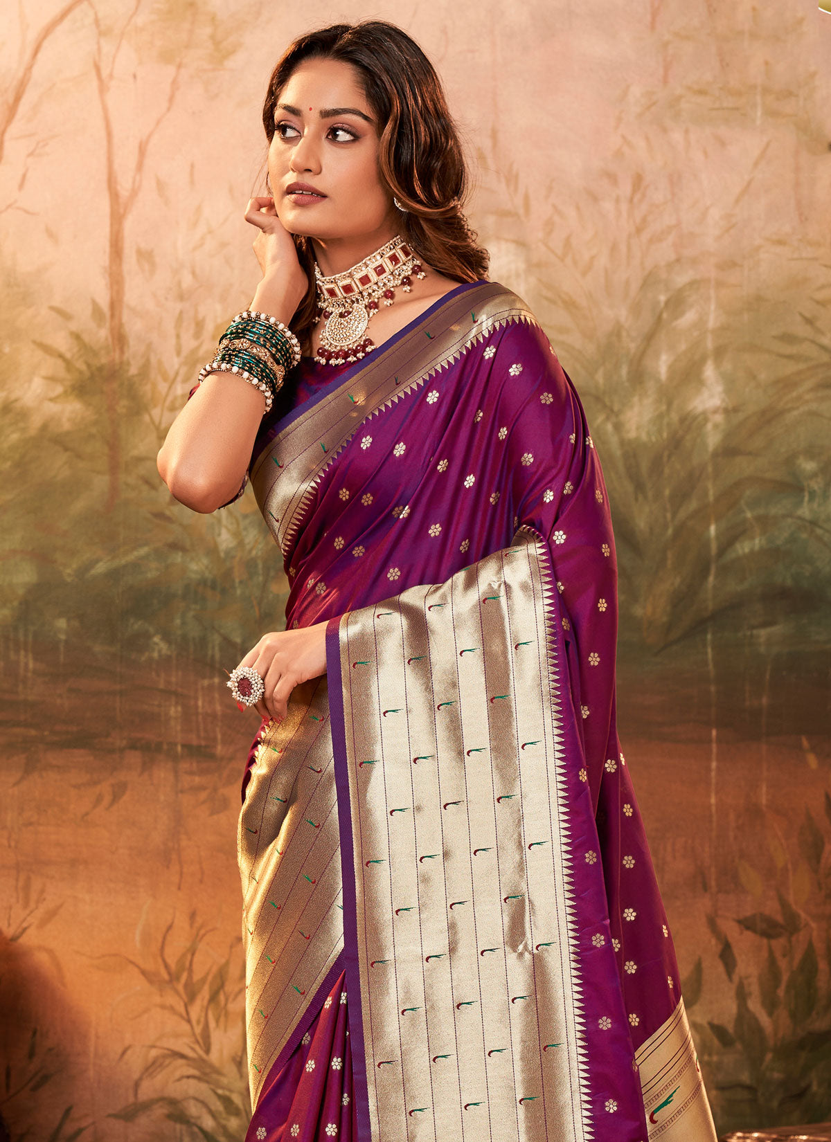 Paithani Silk Classic Saree In Purple With Woven Work For Festival